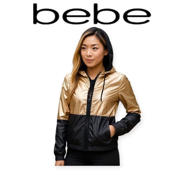 Bebe Hooded Rose Gold Windbreaker Jacket Large - Picture 1 of 10